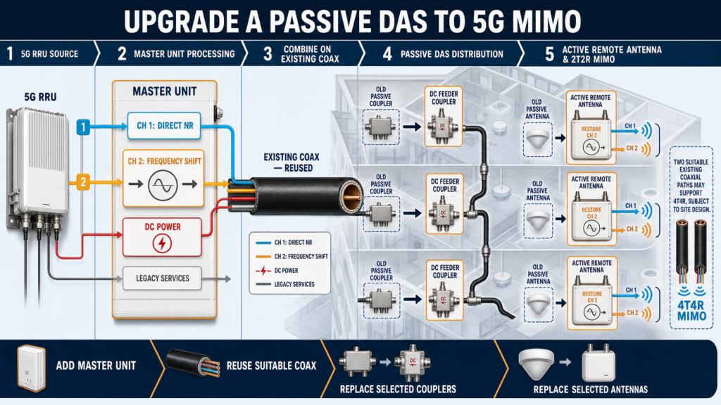 Passive DAS upgrade path to 5G MIMO using an existing coaxial distribution network
