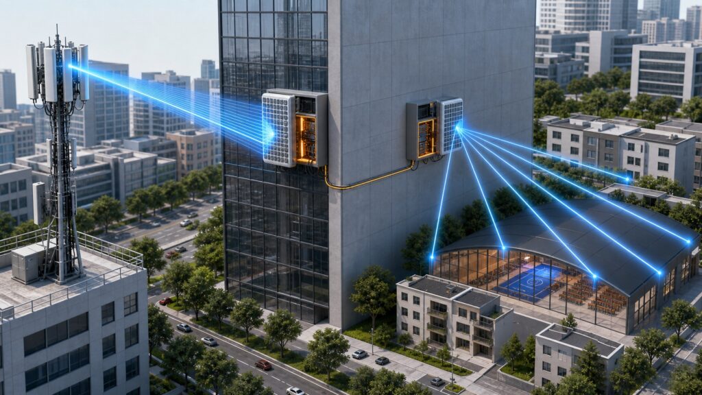 Technical illustration of an active RIS relay receiving a donor signal from a 5G base station and steering coverage around a building obstruction toward an indoor and low-rise target area.