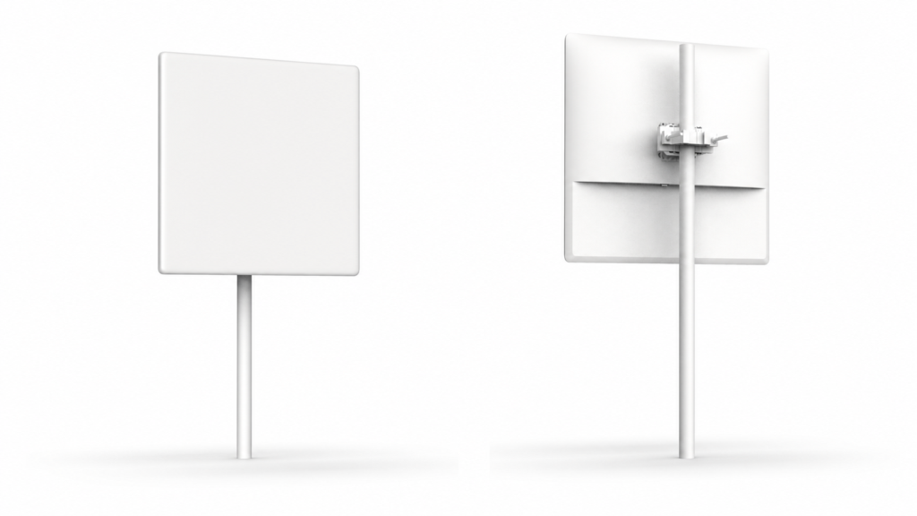 Front and rear views of a white panel-based RIS coverage unit on mounting poles.