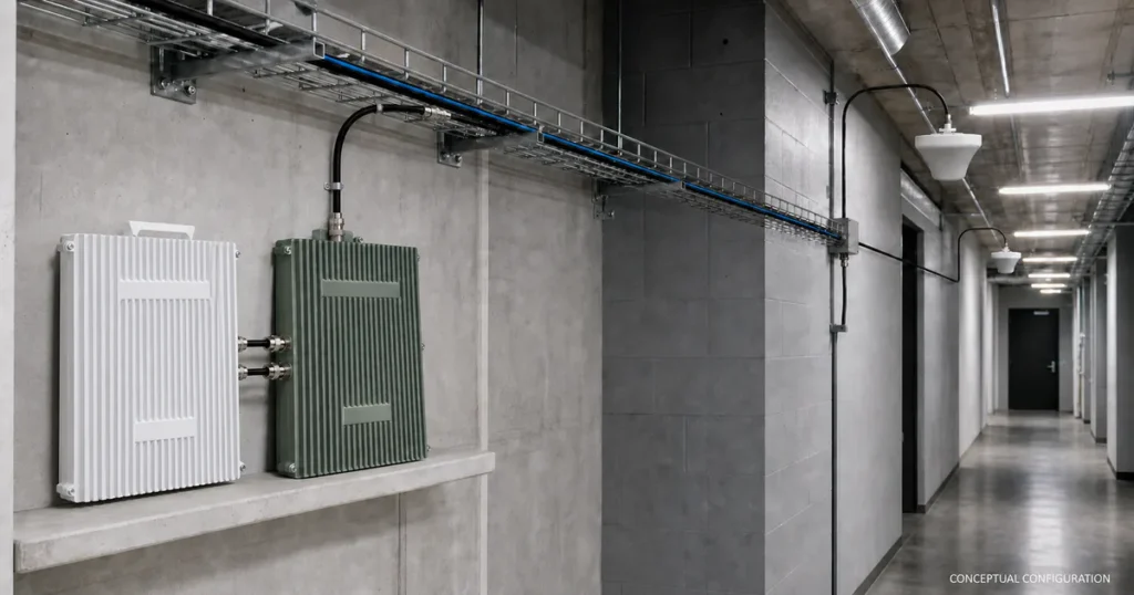Conceptual RFCOM 5G DAS configuration showing a 5G RRU and master unit connected over existing coax to two remote units.